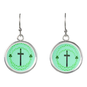 Irish Religious Earrings with Cross & Shamrocks