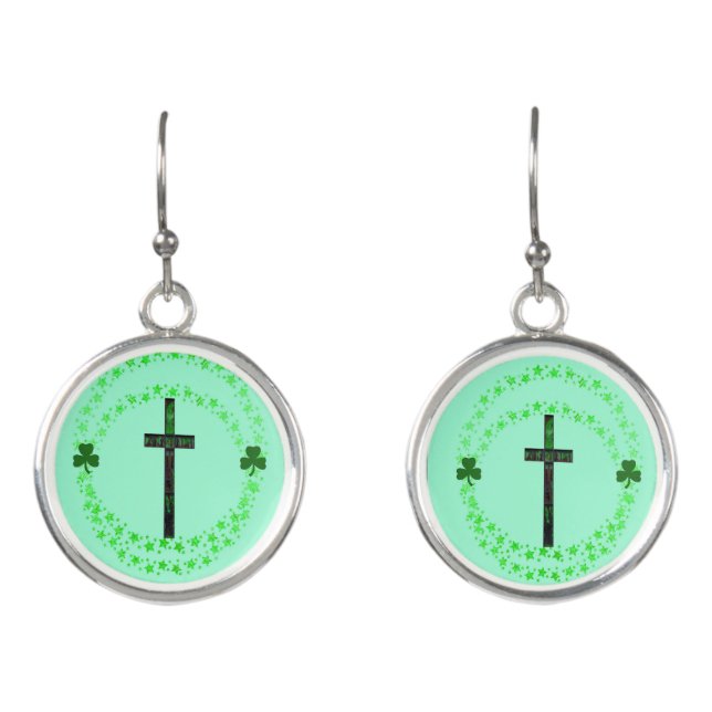 Irish Religious Earrings with Cross & Shamrocks (Front)