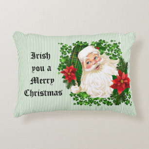 Irish Santa Claus Green Stripe Red Poinsettia Accent Pillow