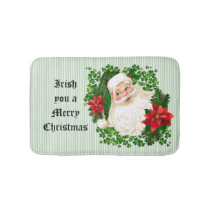 Irish Santa Claus Green Stripe Red Poinsettia Bath Mat