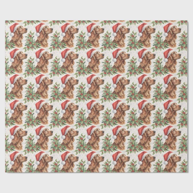 Irish Setter Christmas Holly Watercolor Wrapping Paper (Flat)