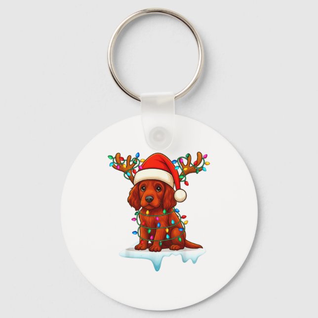 Irish Setter Christmas Santa Hat Reindeer Lights P Keychain (Front)