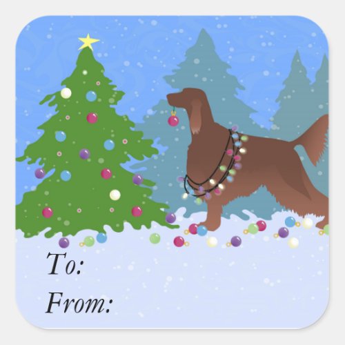 Irish Setter Decorating Tree in the Forest Square Sticker