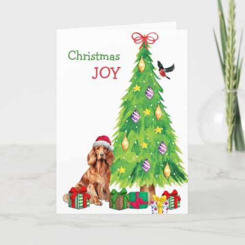 Irish Setter Dog Bird and Christmas Tree Holiday Card