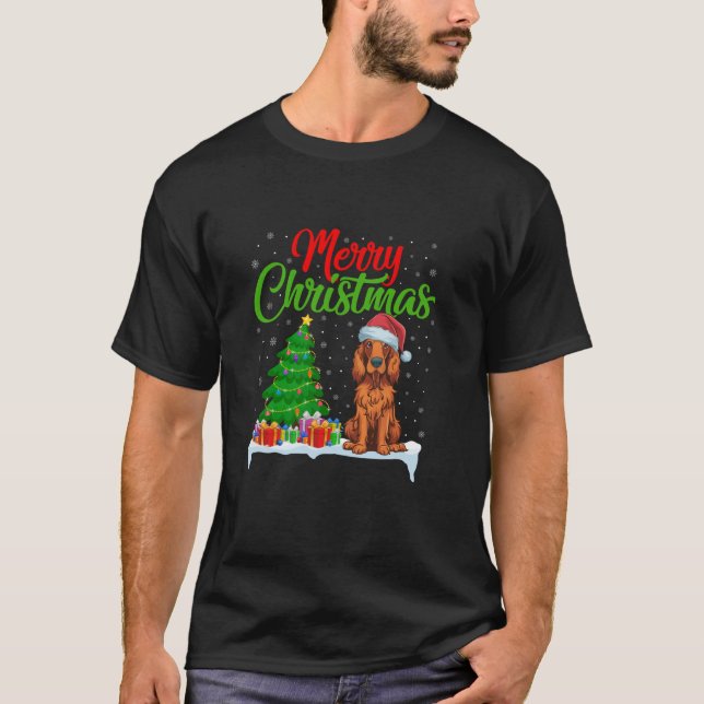 Irish Setter Dog Christmas Tree Lights Funny Xmas  T-Shirt (Front)