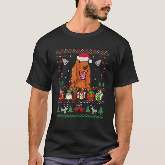 Irish Setter Dog Funny Lovers Cute Santa Hat Ugly  T-Shirt (Front)
