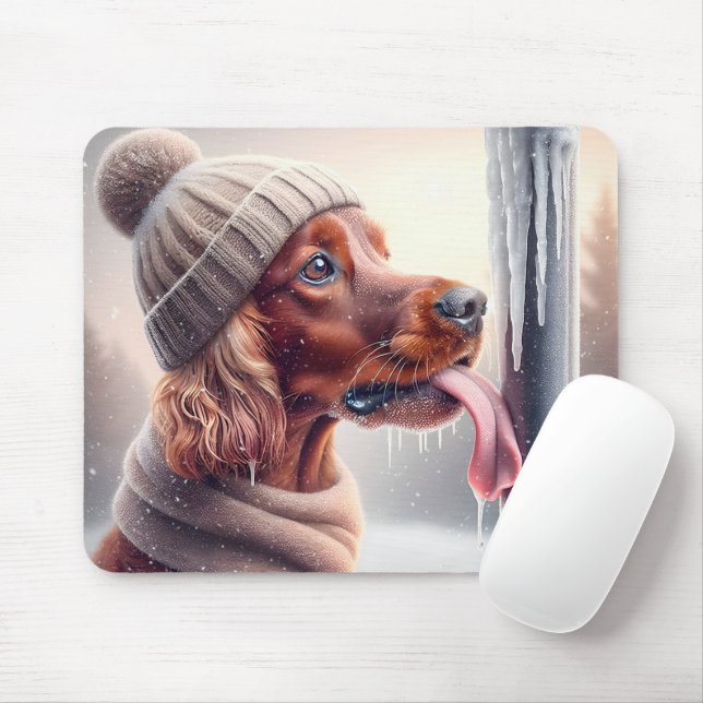 Irish Setter Dog Licking A Frozen Pole Mouse Pad (With Mouse)