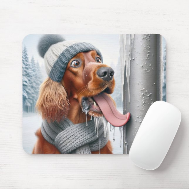 Irish Setter Dog Licking A Frozen Pole Mouse Pad (With Mouse)