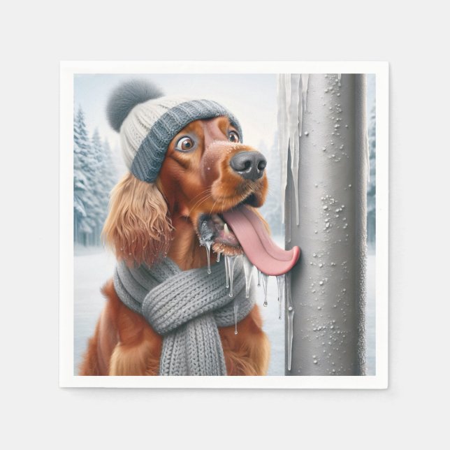 Irish Setter Dog Licking A Frozen Pole Napkins (Front)