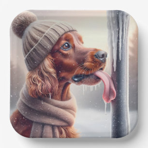Irish Setter Dog Licking A Frozen Pole Paper Plates