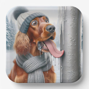 Irish Setter Dog Licking A Frozen Pole Paper Plates