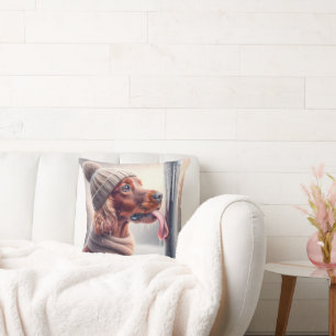 Irish Setter Dog Licking A Frozen Pole Throw Pillow