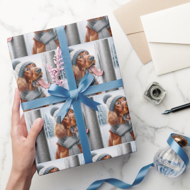 Irish Setter Dog Licking A Frozen Pole Wrapping Paper (Gifting)