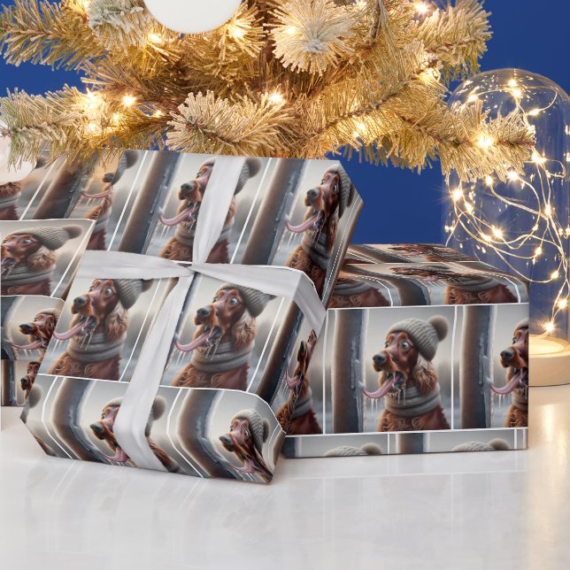 Irish Setter Dog Licking A Frozen Pole Wrapping Paper (Holidays)