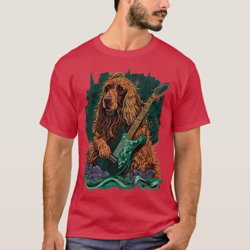 Irish Setter dog Playing Electric Guitar Rock  T_Shirt