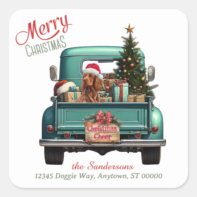 Irish Setter Dog Retro Truck Christmas Square Sticker (Front)