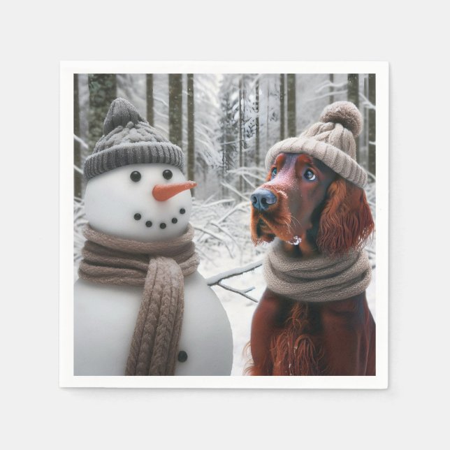 Irish Setter Dog With a Snowman Napkins (Front)