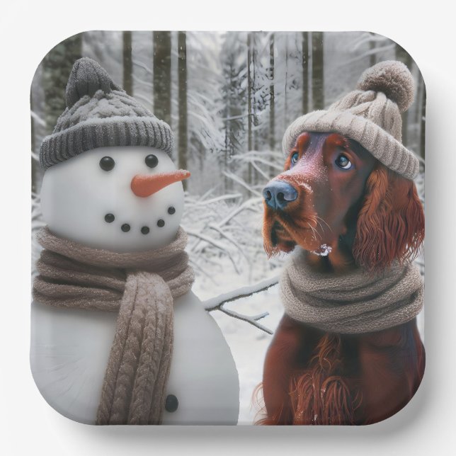 Irish Setter Dog With a Snowman Paper Plates (Front)
