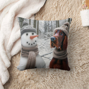 Irish Setter Dog With a Snowman Throw Pillow