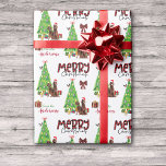 Irish Setter Dogs and Christmas Tree Wrapping Paper<br><div class="desc">The repeated pattern on this cute Christmas wrapping paper is an image of two red Irish setter dogs sitting beside a Christmas tree. One of the setters is wearing a red and white Santa hat; the other one wears a green bow. Stylized red and black buffalo plaid text says MERRY...</div>