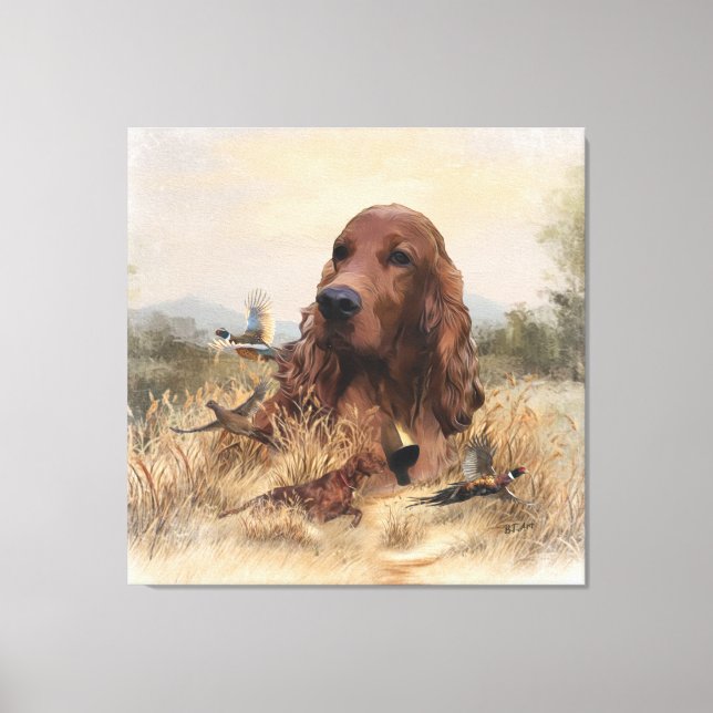 Irish Setter Hunting Pheasant ,Art Canvas Print (Front)