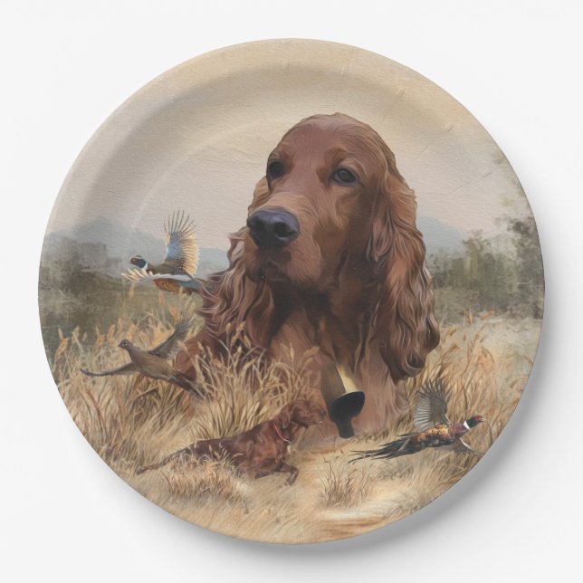 Irish Setter Hunting Pheasant ,Art Paper Plates (Front)