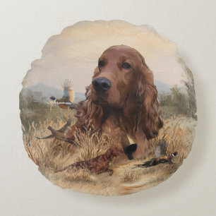 Irish Setter Hunting Pheasant ,Art Round Pillow
