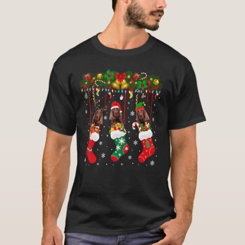 Irish Setter In Sock Xmas Reindeer Santa Elf Dog T_Shirt