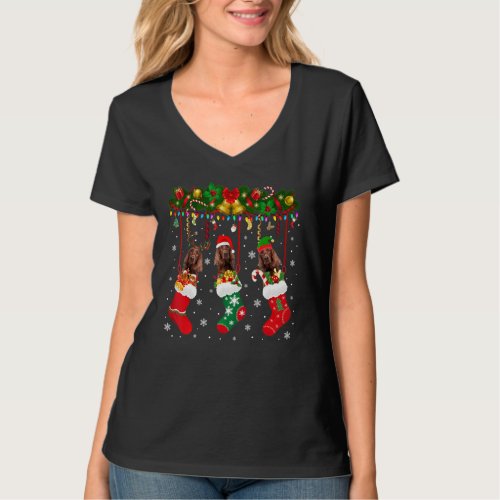 Irish Setter In Sock Xmas Reindeer Santa Elf Dog T_Shirt