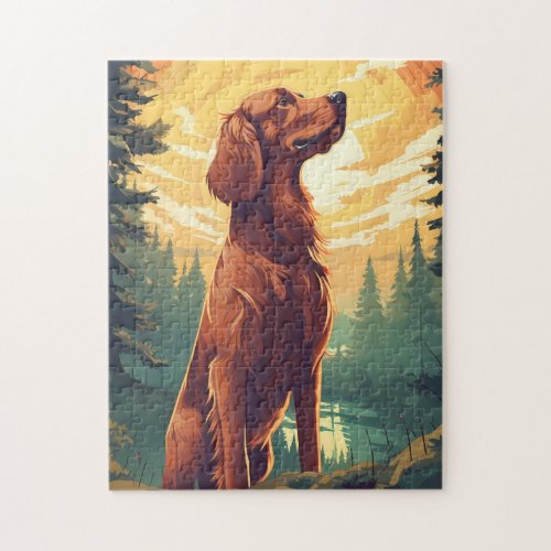 Irish Setter in the forest during sunset Jigsaw Puzzle