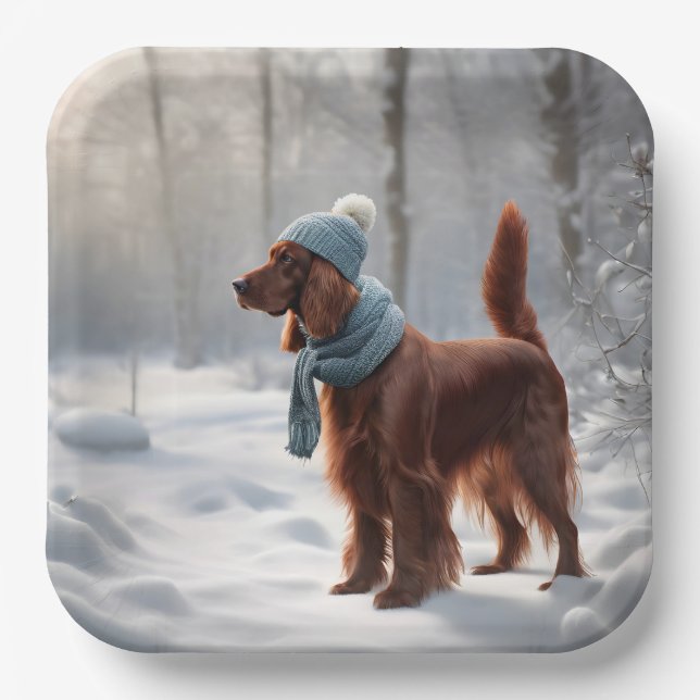 Irish Setter In Winter Woods Paper Plates (Front)