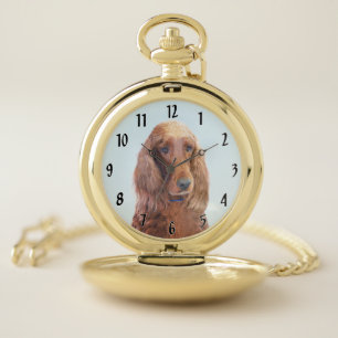 Irish Setter Painting - Cute Original Dog Art Pocket Watch