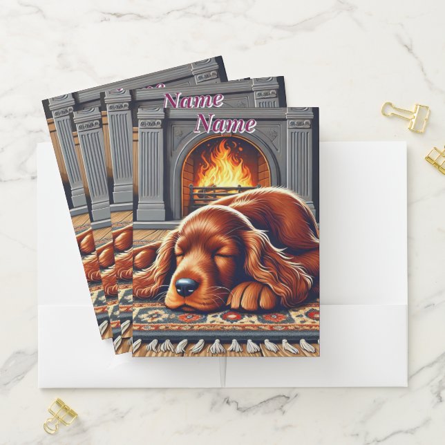 Irish Setter Puppy Sleeping by a Warm Fireplace Pocket Folder (In Situ)