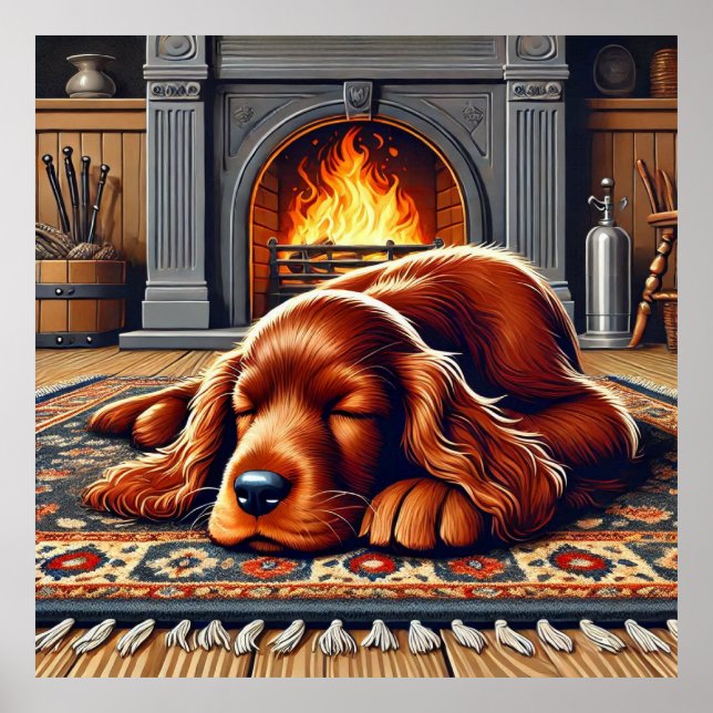 Irish Setter Puppy Sleeping by a Warm Fireplace Poster (Front)