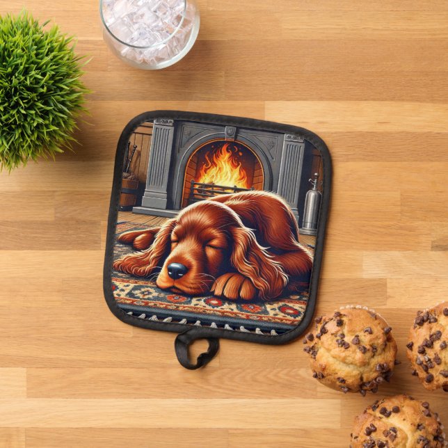 Irish Setter Puppy Sleeping by a Warm Fireplace Pot Holder (Top Down)