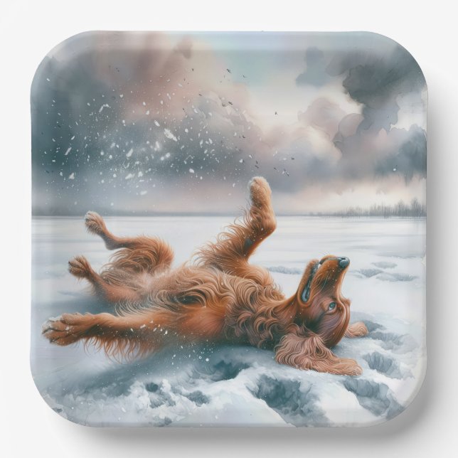 Irish Setter Rolling In Snow Paper Plates (Front)