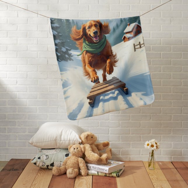 Irish Setter Sledding Adventure Christmas Painting Baby Blanket (In Situ)