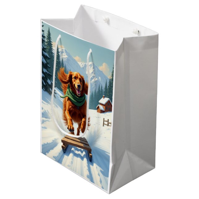 Irish Setter Sledding Adventure Christmas Painting Medium Gift Bag (Front Angled)