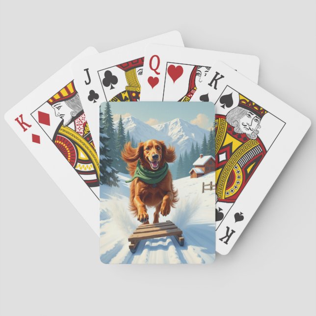 Irish Setter Sledding Adventure Christmas Painting Poker Cards (Back)