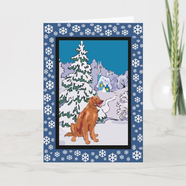 Irish Setter Snowy Winter Holiday Card (Front)