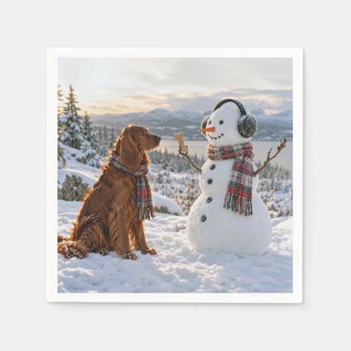 Irish Setter Staring at a Snowman Holding Dog Bone Napkins