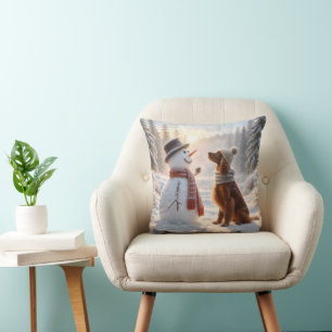 Irish Setter with a Snowman Throw Pillow