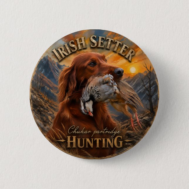 Irish Setter with Chukar Partridge ,Art  Button (Front)