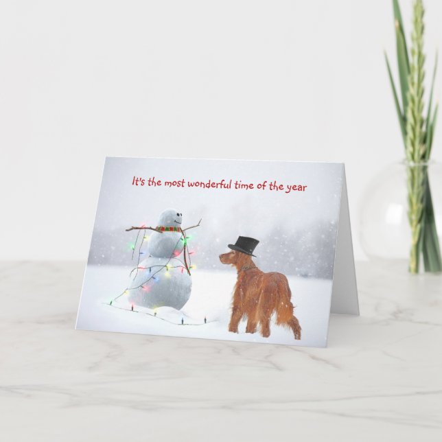 Irish Setter With Holiday Snowman Card (Front)