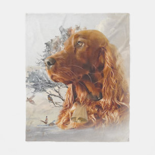 Irish setter with pheasant fleece blanket