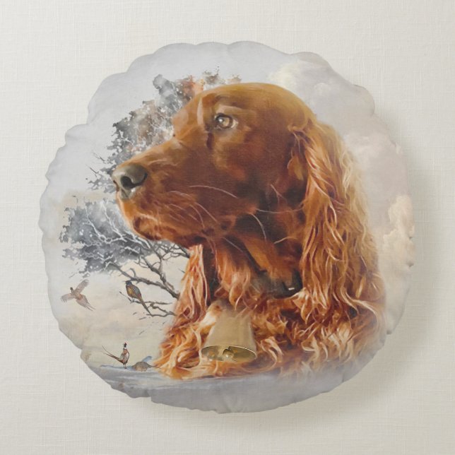 Irish setter with pheasant  round pillow (Front)