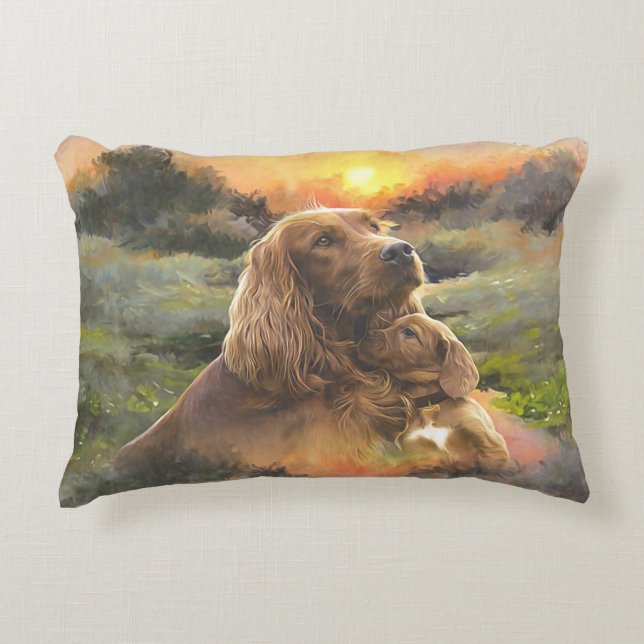 Irish setter with puppy accent pillow (Front)