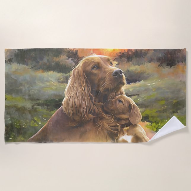 Irish setter with puppy beach towel (Front)