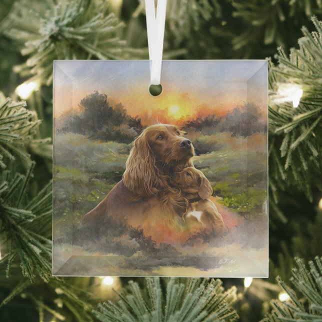Irish setter with puppy glass ornament (Insitu)