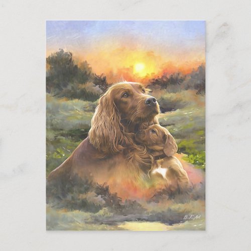 Irish setter with puppy holiday postcard